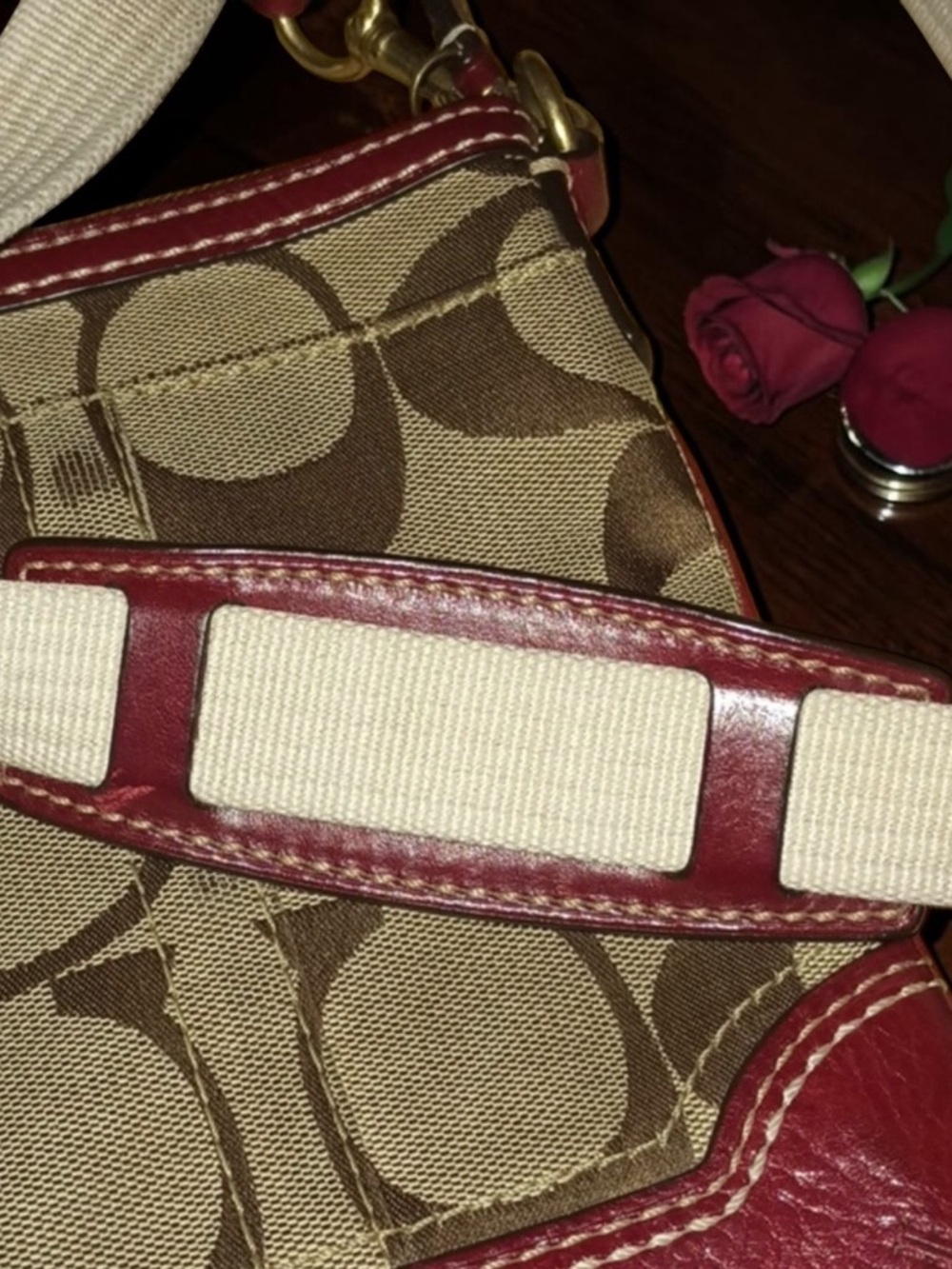 Coach Y2K Signature Stripe Swingpack Crossbody Khaki Brown Red Canvas Leather - Picture 5 of 9